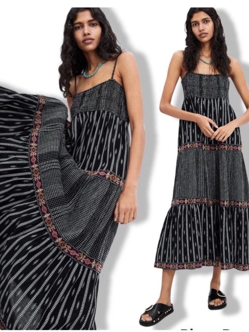 Zara Smocked Tiered Boho Midi Dress | XS